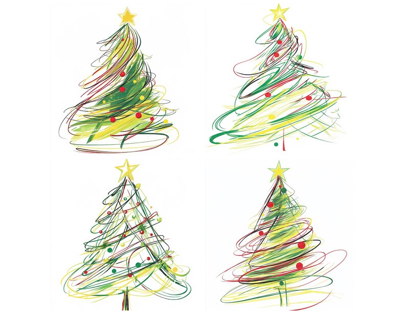 Puede incluir: Cuatro ilustraciones caprichosas de &aacute;rboles de Navidad. Cada &aacute;rbol est&aacute; representado con trazos sueltos y coloridos de verde, amarillo y rojo, adornado con peque&ntilde;os adornos rojos y coronado con una estrella dorada. Los dise&ntilde;os est&aacute;n sobre un fondo blanco.