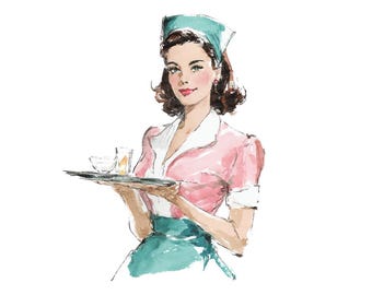 Vintage Waitress PNG Clipart, 12x Retro Diner Girl Portrait Clip Art Set, Printable Watercolor Clip Art, Digital Download, Transparent PNG