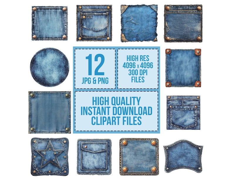 Denim Tag PNG Clipart, 12x Vintage Jean Patch Clip Art Set, Printable ...