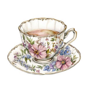 May include: A vintage teacup and saucer with a floral pattern in shades of pink, blue, and green. The cup is filled with tea and has a gold rim.
