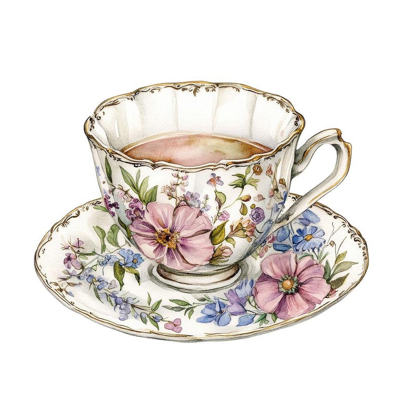 May include: A vintage teacup and saucer with a floral pattern in shades of pink, blue, and green. The cup is filled with tea and has a gold rim.