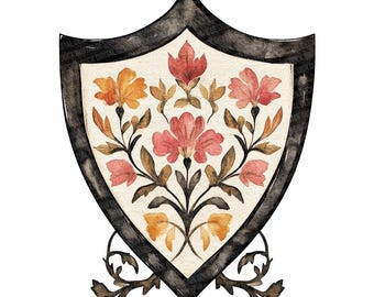 Floral Shield PNG Clipart, 12x Watercolor Heraldic Clip Art Set, Printable Vintage Shield Design, Paper Crafts,Digital Download,Junk Journal