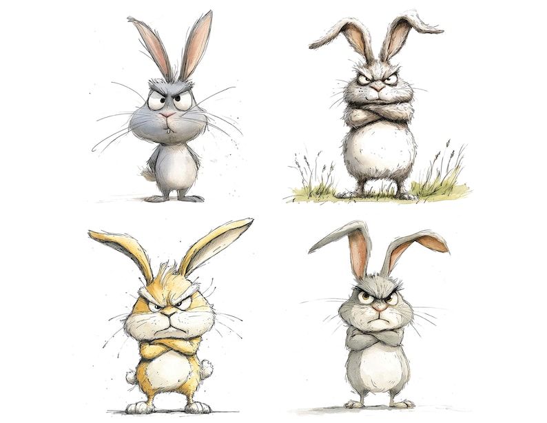 Grumpy Rabbit PNG Clipart, 12x Angry Bunny Clip Art Set, Printable ...