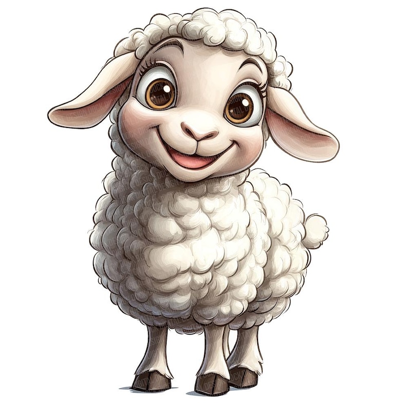 May include: A white cartoon sheep with a fluffy coat and big brown eyes. The sheep is smiling and looking to the right.