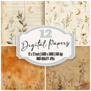 May include: Set of 12 digital papers featuring a vintage aesthetic with botanical illustrations, handwritten text, and a crescent moon. Each paper is 12 inches by 12 inches and 300 dpi.