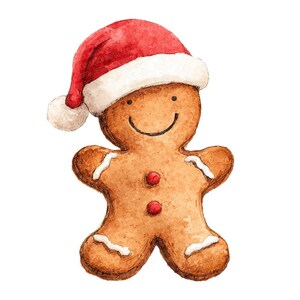 May include: A watercolour illustration of a gingerbread man wearing a red Santa hat with white trim. The gingerbread man has a smiling face, white icing details, and red button accents. A festive holiday image.
