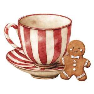 May include: A watercolour illustration featuring a teacup and saucer with red and white stripes, and a gingerbread man. The teacup has a matching striped handle. The gingerbread man has a white bow tie and white icing details.