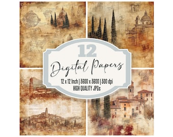 12er-Pack digitales Papier im Used-Look mit Italien-Motiven – Junk-Journal-Papier, Vintage-Hintergründe aus Rom und der Toskana, hochwertige JPGs, Scrapbook-Papier, Tagebuch, XYZ
