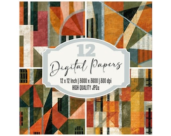 12x Cubist Junk Journal Paper Art Deco Geometric Digital Paper Pack Distressed Texture Scrapbook Paper Ephemera JPGs Download