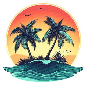 Clipart PNG tramonto tropicale, set di clipart 12x isola di palme, illustrazione di spiaggia stampabile, download digitale, artigianato di carta, scrapbooking