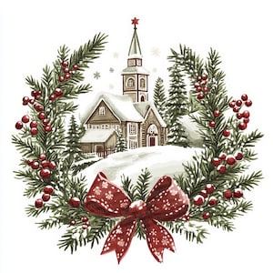 Couronne de village de Noël PNG Clip Art, 12 x vacances d'hiver scène des cliparts ensemble, téléchargement numérique Couronne de feuilles persistantes et de petits fruits, décoration de Noël