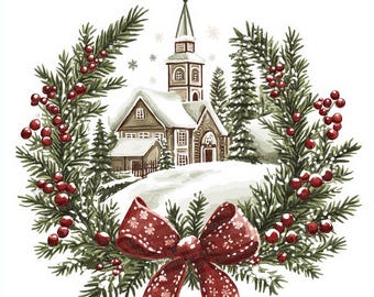 Christmas Village Wreath PNG Clip Art, 12x Winter Holiday Scene Clipart Set, Evergreen and Berry Wreath Digital Download, Holiday Decor
