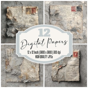 12x Note Fragment Edge Junk Journal Paper Vintage Letter Backgrounds Digital Paper Pack Distressed Texture Printable Paper
