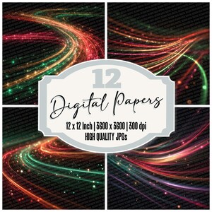 12x Light Whip Trails Junk Journal Paper Abstract Neon Backgrounds Digital Paper Pack Printable