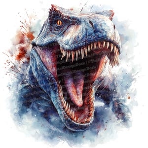Op de afbeelding: Een aquarel schilderij van een dinosaurus met zijn bek open, waardoor zijn tanden en tong zichtbaar zijn. De dinosaurus is blauw en heeft een geel oog. De achtergrond is een aquarelverf van blauw en rood.