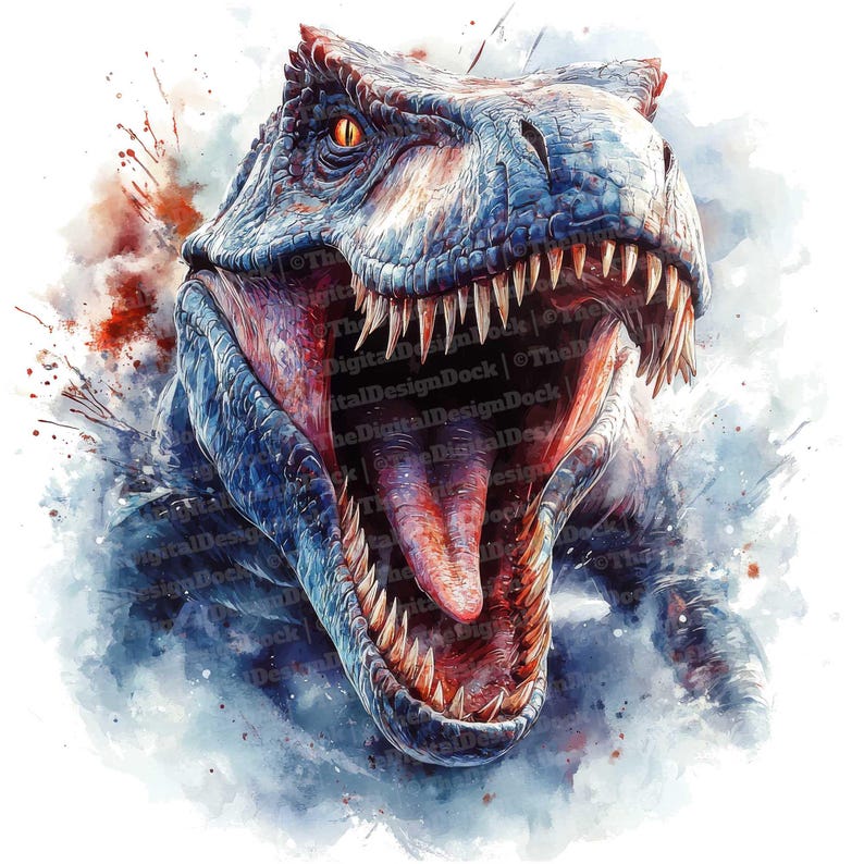 Op de afbeelding: Een aquarel schilderij van een dinosaurus met zijn bek open, waardoor zijn tanden en tong zichtbaar zijn. De dinosaurus is blauw en heeft een geel oog. De achtergrond is een aquarelverf van blauw en rood.