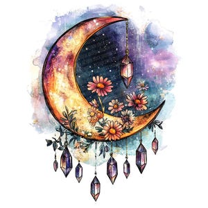 May include: A crescent moon with a galaxy-like pattern, adorned with pink and white flowers and dangling purple crystals. The moon is set against a watercolor background of purple and blue.
