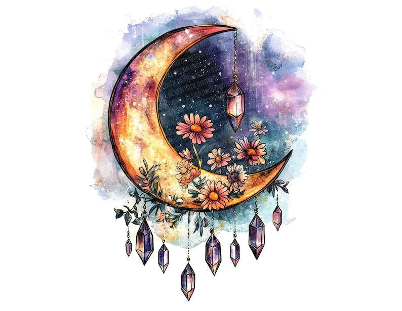 May include: A crescent moon with a galaxy-like pattern, adorned with pink and white flowers and dangling purple crystals. The moon is set against a watercolor background of purple and blue.