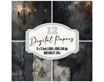 12x Gothic Lace Leather Junk Journal Paper Vintage Digital Paper Pack Distressed Dark Elegance Backgrounds High Quality JPGs Scrapbook Paper
