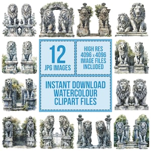12 Pierre Lion Gate Clipart, Clipart aquarelle de Statues de jardin, Clipart aquarelle imprimable, créations en papier, téléchargement numérique, journaux indésirables