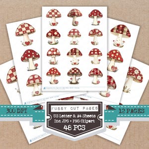 May include: A collection of whimsical mushroom illustrations on white paper. The mushrooms feature red and white patterns, with heart accents. The image includes the text "Fussy Cut Pages", "US Letter & A4 Sheets", and "48 PCS".
