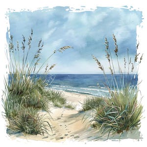 Imágenes prediseñadas PNG de dunas costeras, conjunto de 12 imágenes prediseñadas de escenas de hierba de playa, imágenes prediseñadas de acuarela imprimibles, descarga digital, PNG transparente, arte oceánico