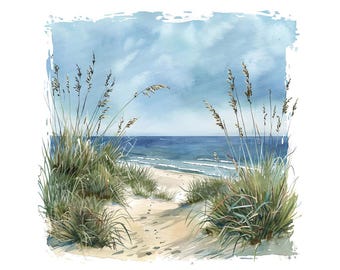 Coastal Dunes PNG Clipart, 12x Beach Grass Scene Clip Art Set, Printable Watercolor Clip Art, Digital Download, Transparent PNG, Ocean Art