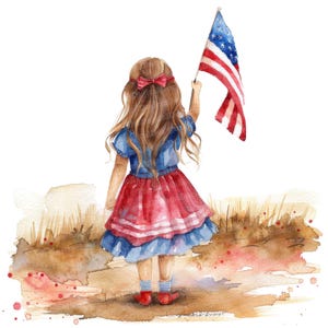 12 Patriotic Little Girl Clipart, Watercolor USA Flag Clipart, Printable Watercolor Clipart, Paper Crafts, Digital Download, Junk Journals