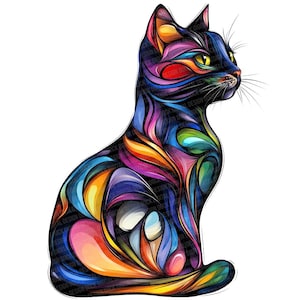 May include: A colorful illustration of a sitting black cat with a vibrant, abstract design. The cat's body is filled with swirling patterns of blue, purple, orange, and yellow. The cat is facing right, with yellow eyes and long whiskers.