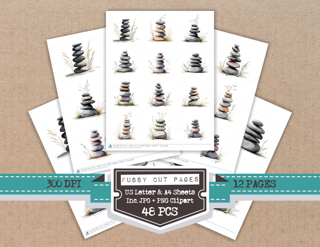 Zen Stone Stack Fussy Cut Sheets, 12x Printable Pages, Junk Journal Cut ...