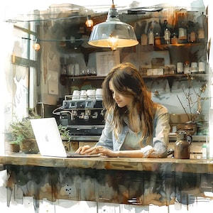 Clipart PNG di donna con laptop, set di 12 clipart di scene di lavoro al bar, arte ad acquerello stampabile, lavori di carta, download digitale JPG, PNG trasparente