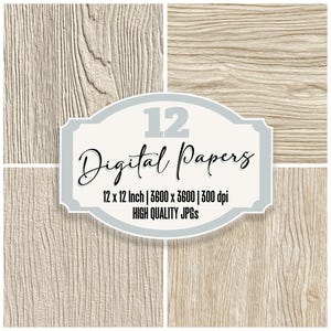 Paquete de 12 papeles digitales Holly Cream Junk Journal con textura de madera minimalista blanca, archivos JPG de alta calidad, descarga para álbumes de recortes.