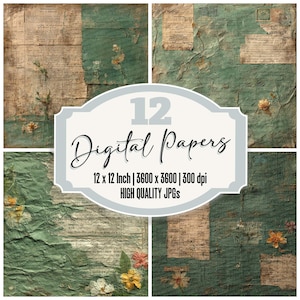 12x grootboek groene vouw ongewenste dagboekpapier vintage bloemen noodlijdende achtergronden getextureerd papier pakket digitale download