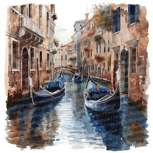 Venice Canal Clipart, 12 JPGs, Gondola Watercolor Clipart, Printable Watercolor Clipart,Paper Crafts,Wall Art,Digital Download,Junk Journals