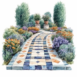 12 Clipart di sentieri da giardino, vialetti in pietra con fiori, Clipart di acquerelli stampabili, lavoretti di carta, arte murale, download digitale, diari spazzatura