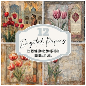 12x Turkije Tulp Junk Journal Papiermozaïek Digitaal Papierpakket Poef Bloementextuur Vintage Architectuur Achtergronden Hoge kwaliteit JPG's