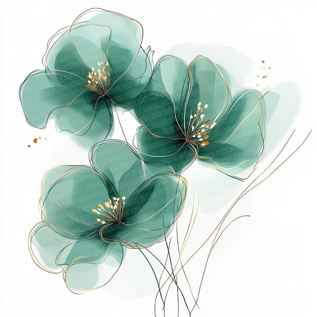 12枚の緑の花のクリップアート、エメラルドグリーンの水彩画の花の