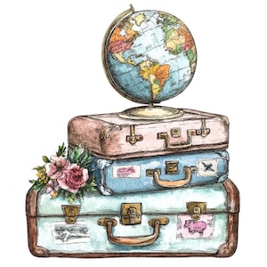 Può includere: Illustrazione ad acquerello di una pila di valigie vintage dai colori pastello, sormontata da un mappamondo. Le valigie hanno ferramenta in ottone e adesivi da viaggio. Un bouquet di fiori rosa e gialli è posto di lato.