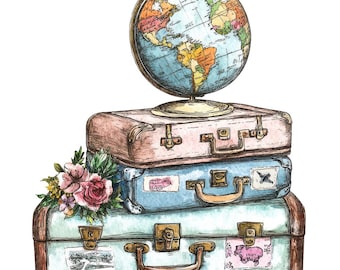 Cliparts: Gestapelte Reisekoffer, 12 Vintage-Koffer und Globus-Cliparts, druckbare Aquarell-Cliparts, digitaler Download