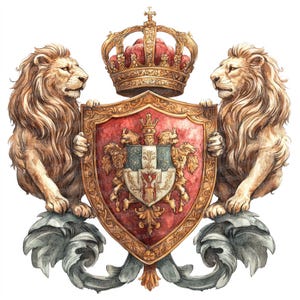 Imágenes prediseñadas de escudo de armas, conjunto de 12 imágenes prediseñadas de leones heráldicos, imágenes prediseñadas de acuarela imprimibles, escudo real, descarga digital, decoración medieval