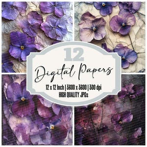 12x Violet Junk Journal Paper Vitrified Glass Floral Digital Paper Wysokiej jakości pliki JPG Cracked Texture Botanical Scrapbook Background Pobierz