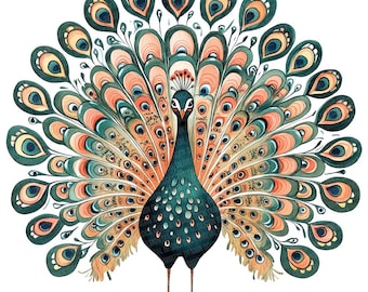 Paon PNG Clip Art, 12 x art folklorique face ensemble de clipart paon, clipart aquarelle imprimable, téléchargement numérique JPG, PNG Transparent