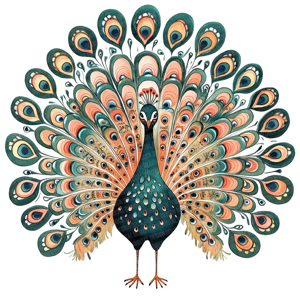 Peacock PNG Clip Art, 12x Folk Art Front Facing Peacock Clipart
