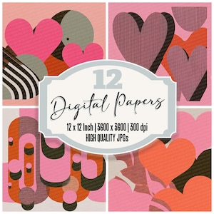 Paquete de 12 papeles digitales Groovy Pink Junk Journal con corazones retro, fondos imprimibles abstractos, archivos JPG de alta calidad, descarga digital, recortes.