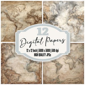 May include: A collage of four vintage-style world map digital papers. The maps are in shades of brown and beige, with detailed geographical features. The image includes text that reads "12 Digital Papers".
