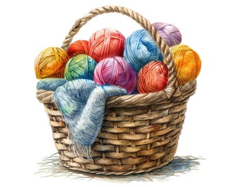 Knitting Yarn Clipart, 12x Wool Basket Clip Art Set, Printable Watercolor Yarn Clipart, Digital Download, Transparent PNG, Craft Supplies