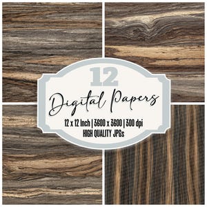 Paquete de 12 papeles digitales de diario de madera de ziricote con grano lineal, gris y marrón, de alta calidad, con fondos de textura natural.