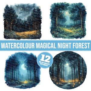 Aquarel magische nacht bos clipart, 12 JPG, nacht bos afdrukbare afbeelding, illustratie, kunst aan de muur, digitale download, ongewenste tijdschriften, tshirt