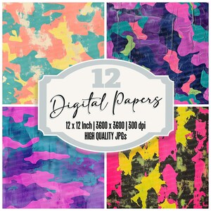 12x 80s Camouflage Junk Journal Paper, Abstract Digital Paper Pack, Bright Backgrounds, High Quality JPGs, Scrapbook Paper, Digital Download