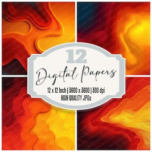 Puede incluir: Un conjunto de 12 papeles digitales con diseños abstractos en tonos rojos, naranjas y amarillos. Cada papel mide 30,48 cm x 30,48 cm y tiene una resolución de 3600 x 3600 píxeles a 300 ppp. Incluye el texto "Digital Papers".